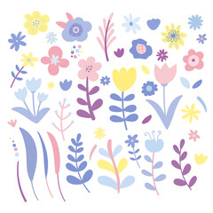 Spring flowers set. Pastel colors doodle style.