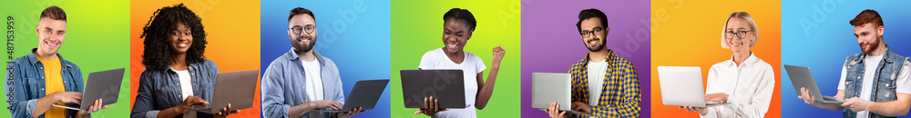 Poster multiethnic young people with laptop computers posing over colorful studio backgrounds