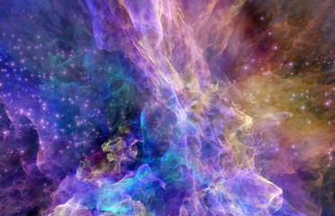 Obraz na płótnie Canvas Galaxy exploration through outer space 3D rendering illustration. Colourful nebulas, galaxies and stars in deep space, glowing gases and energy
