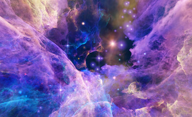 Galaxy exploration through outer space 3D rendering illustration. Colourful nebulas, galaxies and stars in deep space, glowing gases and energy