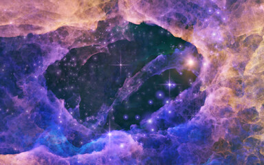 Galaxy exploration through outer space 3D rendering illustration. Colourful nebulas, galaxies and stars in deep space, glowing gases and energy