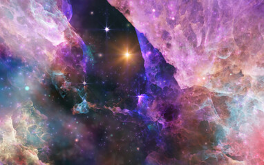 Galaxy exploration through outer space 3D rendering illustration. Colourful nebulas, galaxies and stars in deep space, glowing gases and energy