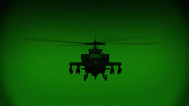 Apache AH-64 helicopter flies at night, night vision infrared