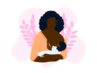 Vector image of a black woman breastfeeding a baby. World Breastfeeding Week. Motherhood, childhood, tenderness, love