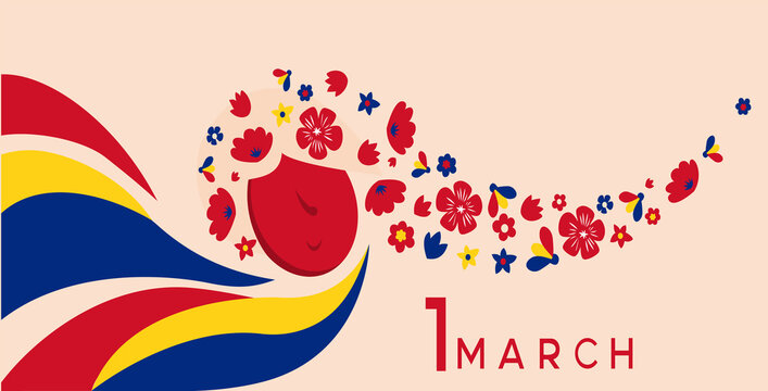Banner for spring holiday martisor Flag of Romania with a floral composition and the inscription March 1 on a light pink background