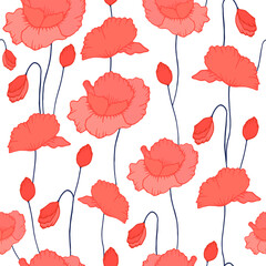 Seamless pattern red poppies for textiles, curtains, bed linen, for postcard backgrounds, wrapping paper. Pattern of red vector poppies on a white background.
