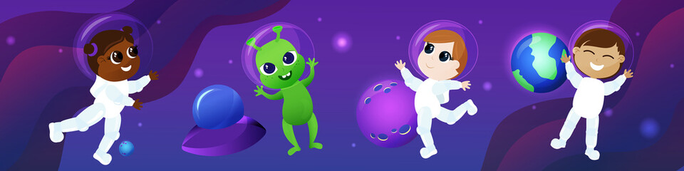 Children and a friendly alien dressed as astronauts fly in space next to a flying saucer. Children are happy, they smile and play against the backdrop of Planet 