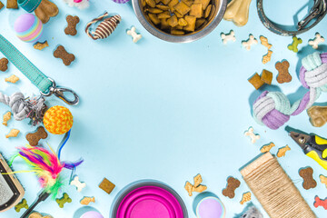 Pet food and accessories, various cat, dog, domestic animals food, toys, treats, utensils. Zoomarket and pet store, online shopping, pet care concept, flatlay banner top view copespace