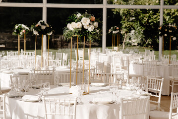 Beautiful flowers on the table on the wedding day
