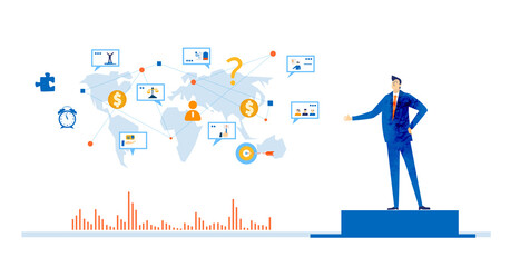 Businessman, leader controlling and monitoring the situation.  Business concept illustration.