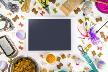 Pet food and accessories, various cat, dog, domestic animals food, toys, treats, utensils. Zoomarket and pet store, online shopping, pet care concept, flatlay banner top view copespace