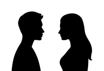 Vector simple silhouettes or icons of two people - woman and man facing each other - relationship, conversation, gender - 487155718