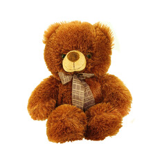 Brown teddy bear with a bow, isolated on  a white background. Children's soft toy.