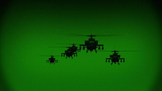 Apache AH-64 helicopters fly at night, night vision infrared