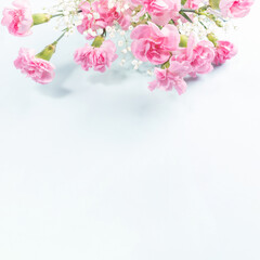 Bunch of pink delicate carnations and gypsophila on top of light neutral backdrop with copy space.