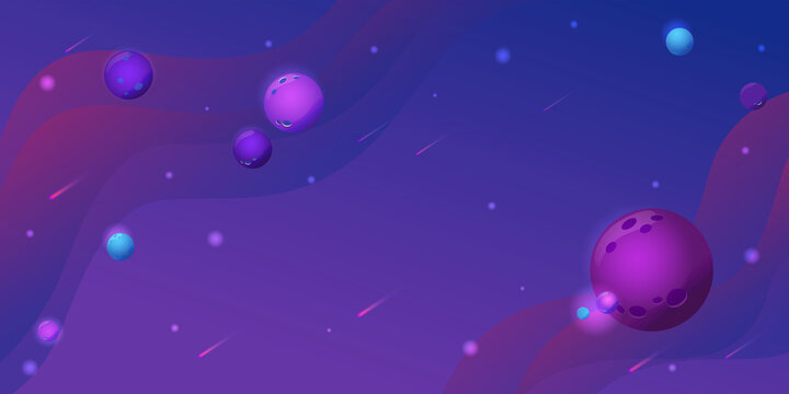 In the purple and blue space of the universe are planets and asteroids and stars. Horizontal banner mystical and mysterious space. Background for astronautics and UFO.