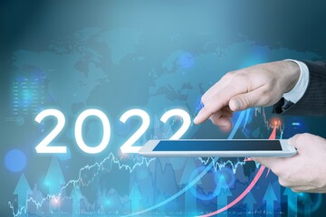 Fototapeta premium Startup concept with icon business and network connection on virtual interface from digital tablet. Businessman Touching tablet