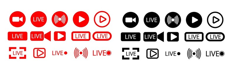 Set of live streaming icons. Red symbols and buttons of live streaming, broadcasting, online stream. Lower third template for tv, shows, movies and live performances. Vector