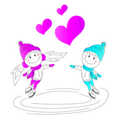 Beautiful young girl and boy in love wearing ice skating shoes dancing isolated on white background. Vector illustration.