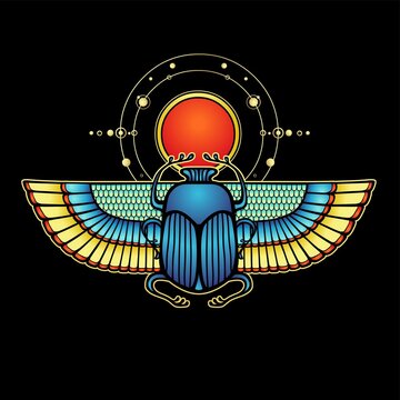 Animation color drawing:  sacred Egyptian beetle scarab holds the sun.  Orbits of planets. Vector illustration isolated on a black background. Print, poster, t-shirt, tattoo