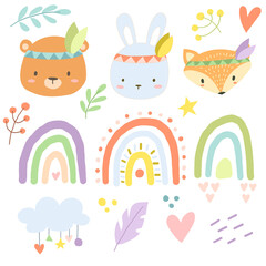 Vector illustration of boho animals and rainbow