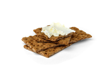 Rye bread with cottage cheese isolated on white background.