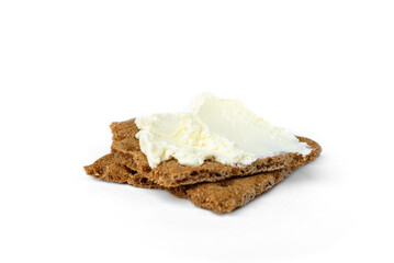 Rye bread with cottage cheese isolated on white background.