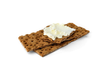 Rye bread with cottage cheese isolated on white background.