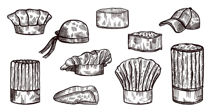 Set chef hat sketch isolated. Kitchen traditional beret, bandana, baseball for cook in hand drawn style.