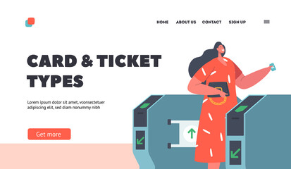 Cards and Ticket Types Landing Page Template. Metro Passengers Scanning Electronic Train Tickets at Turnstiles Entrance