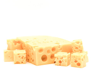 Slices of cheese with holes on a white background