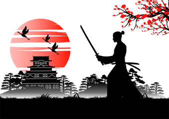 Japanese art with ancient design of samurai training sword near emperor castle,vector illustration