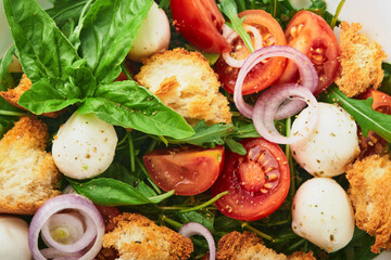 Panzanella Bread Salad. Traditional food of Italy with tomatoes, mozzarella balls, basil, onion and bread on light grey background. Traditional Italian cooking. Top view. Copy space.
