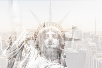 Double exposure of Manhattan skyline in new york city with statue of liberty silhouette - obrazy, fototapety, plakaty