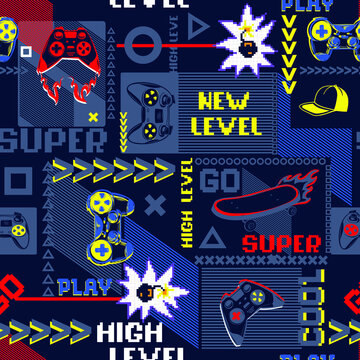 Abstract seamless gamepad pattern. Gamer repeat prrint for tenagers textile, sport clothes, wrapping paper.