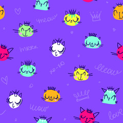 Abstract seamless cats faces pattern. Kitties repeat print on purple background. Kitty with crown. Smiling kittens muzzles.