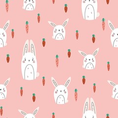Seamless vector pattern with cute rabbits and carrots. Sweet hand drawn texture. Whimsical background for kids room decor, nursery art, card, gift, fabric, textile, wrapping paper, wallpaper, package.
