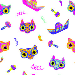Abstract seamless Mexican cat face pattern. Death day print with kitten mask. Colorful kitties with ornaments.