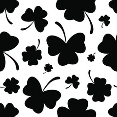 Simple seamless pattern with black silhouette shamrock. Four-leaf and three leaf clovers. For St. Patrick Day. For cover design, wrapping paper, textile, package. Vector illustration. 