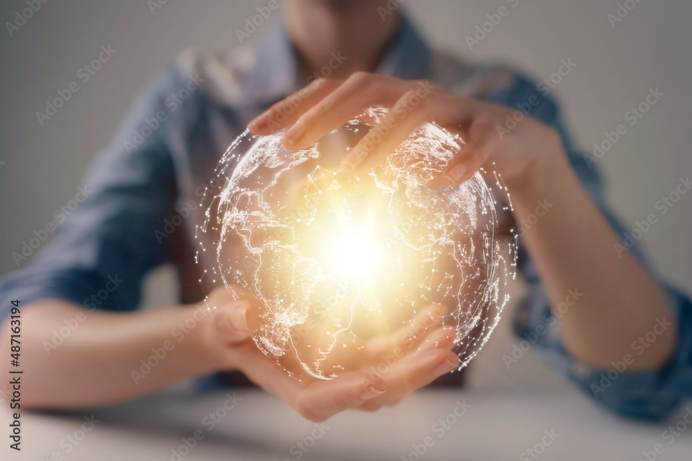 Poster usinessman hand using map globe network hologram.connecting the global business network with the net