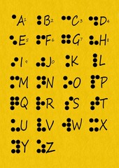 Braille Alphabet on yellow. Braille alphabet is an alphabet method developed by Louis Braille  for visually impaired people to read and write.