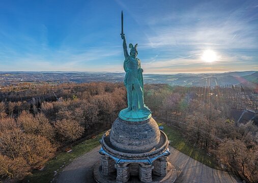 Drone image of Arminius monument in Teutoburg Forest near German city Detmold taken in morning time