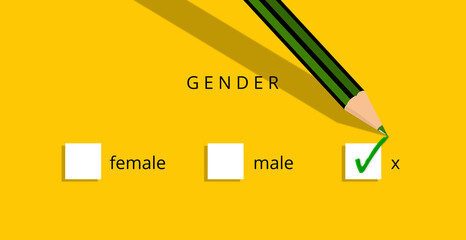 Third gender classifications. Non-binary and intersex people. Sex designation as "X". Identities and Recognition. Option. Illustration with confirmation mark. Pencil.
