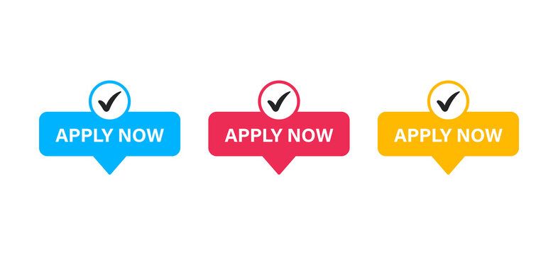 apply now button web banner buttons in speech bubble banners with check mark tick yes icon in different colors red yellow blue color. apply label buttons