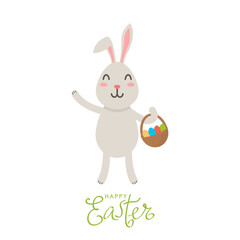greeting card with hand lettering Happy Easter with easter bunny and basket with colored eggs.