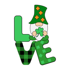 Love phrase with Gnome. St. Patrick's Day holiday decor isolated on white background. Poster, banner, greeting card design element.