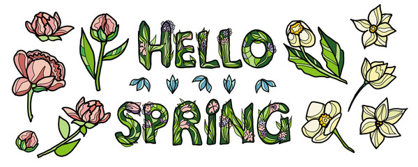 Set with spring flowers with a stylized inscription.