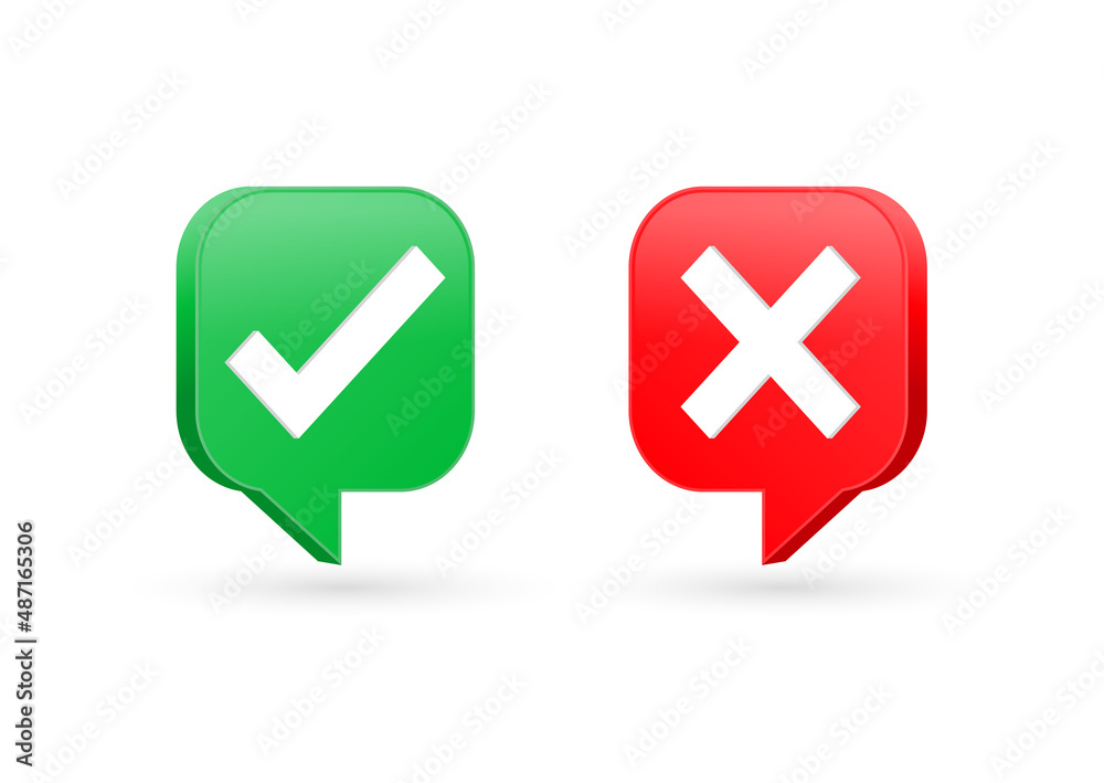 Poster 3d check mark icon button in speech bubble - correct and incorrect sign or green tick and red cross checkmark icons
