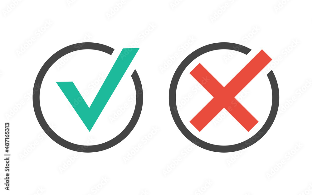 Aufkleber check box icon with checkmark icons green tick box and red cross, check list circle frame with yes and no icons