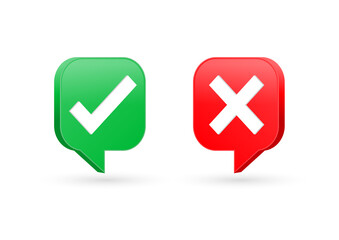 3d check mark icon button in speech bubble - correct and incorrect sign or green tick and red cross checkmark icons
